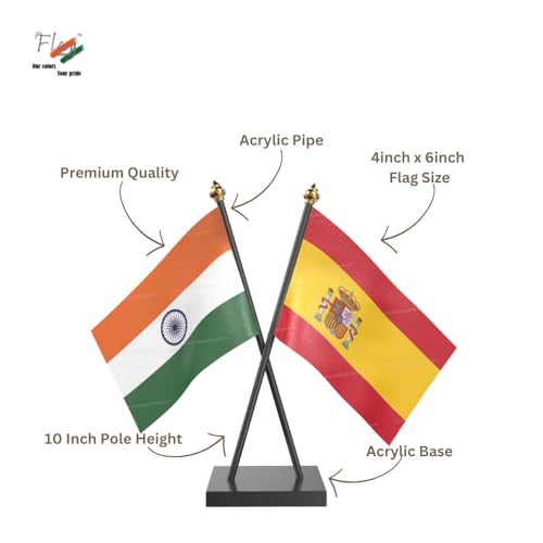 Image of The Flag Company Country Cross Table Desk Flags on Acrylic Base with Poles (Length: 10 inches) | Use for Home & Office,Conference (Spain)