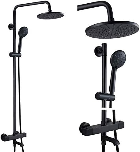 Exposed Shower System with Thermostatic 8 Inch Round Shower Head Matte Black Wall Mount Adjustable Handheld Sprayer and Tub Spout Bathroom Mixer Combo Set with Trim Kit 3 Function Shower Faucet