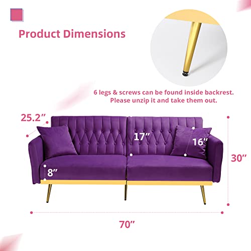 Acmease 70” Velvet Futon Sofa Bed With 2 Pillows And Adjustable Armrests, Convertible Sleeper Bed, Modern Loveseat For Living Room, Bedroom, Purple #TOP2