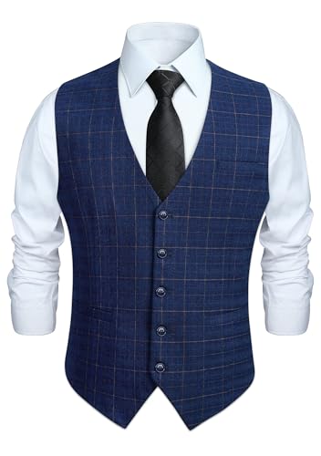Image of HISDERN Men's Formal Waistcoat Wedding Waistcoats Plaid Classic Check Gents Party Business Dress Suit Vest Blue L