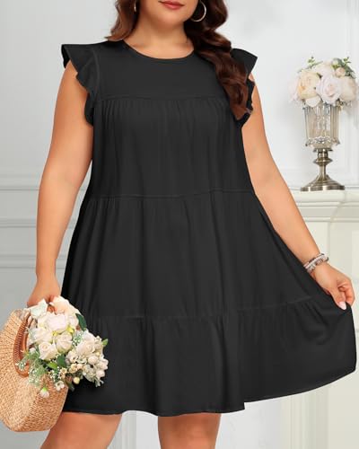 Image of Holipick Women's Plus Size Summer Dresses Casual Short Dress Babydoll Ruffle Sleeve Swing Flowy Sleeveless Tunic Dress