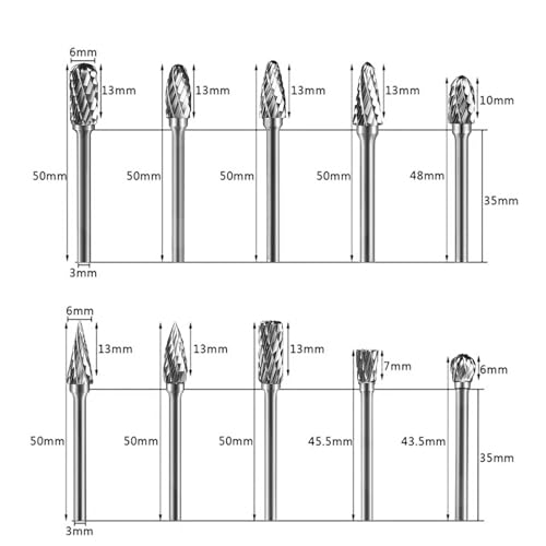 Hartmetall Frässtifte, 10 Stück Doppelschnitt Metallfräser Dremel Schleifaufsätze für Schleifen, Schnitzen, Metallpolieren, Gravieren, Bohren