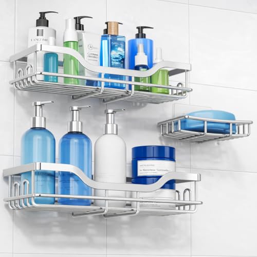 Image of OMAIRA 3-Pack Shower Caddy with Soap Holder, Adhesive Rustproof No-drill Strudy Loading Inside Shower Organizer Shelves Rack Storage Bathroom Organization for Smooth Wall Glass Tile, Sliver (Large)