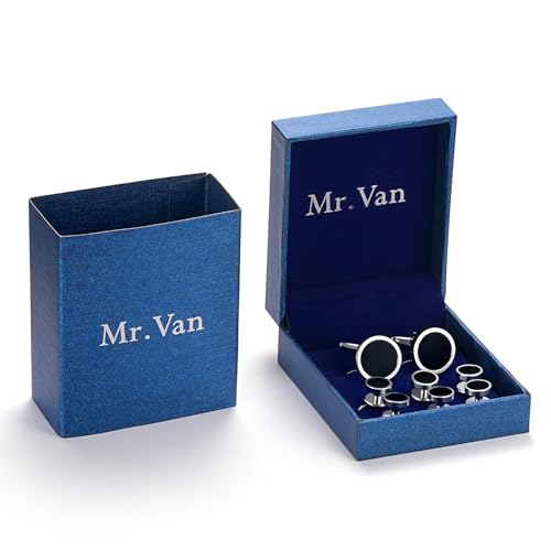 Image of Men's Black Onyx Cufflink & Tuxedo Shirt Stud Set, 16mm Rhodium-Plated Brass, Elegant Gift Box