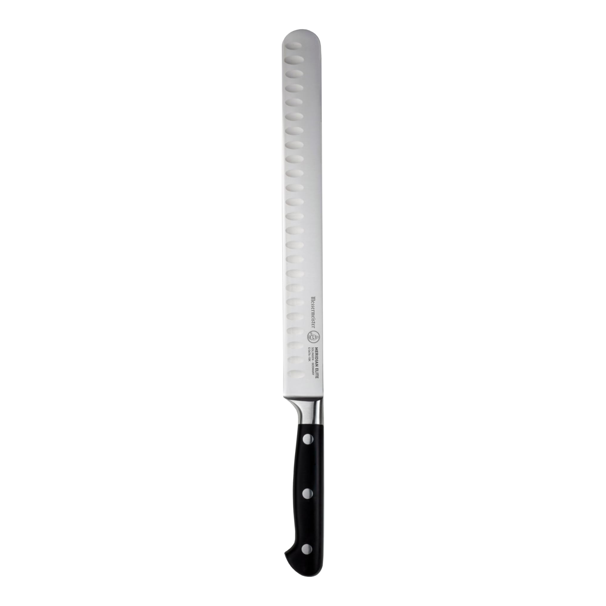 Messermeister Meridian Elite 10” Round-Tip Kullenschliff Slicer Knife - Fine German Steel Alloy Blade - Rust Resistant & Easy to Maintain
