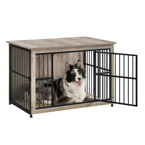 Feandrea Hundekäfig Möbel, Beistelltisch, Hundebox, Moderne Hundehütte Indoor für Hunde bis zu 32 kg, hochbelastbar, geschlossener Boden, Hundehaus 2 Türen, Greige meliert PFC023G01