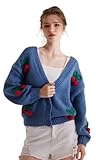 Migratory Bird Guide Cardigan Sweaters for Women Long Sleeve V-Neck Button Knit 3D Cherry Y2k Surcoat-Royal Blue