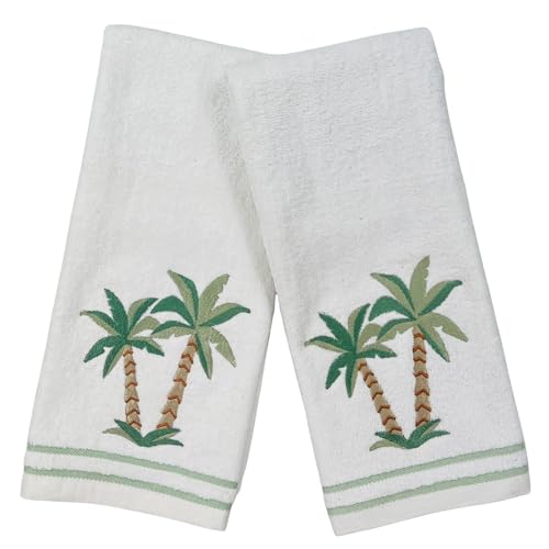 Serafina Home Palm Tree Embroidered Hand Bath Towels, 100% Cotton, Set of 2, 16 x 25 inches, White