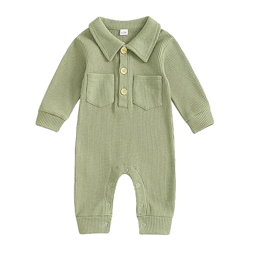 Image of Newborn Baby Boy Clothes Waffle Knit Polo Romper Bodysuit Solid Long Sleeve Collared Gender Neutral Baby Clothes