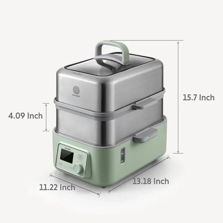 Image of BUYDEEM G563-A501 Electric Food Steamer for Cooking, 2 Tire Stainless Steel Steamer with Slow Cook Mode, 1500W, 10-Quart, Green