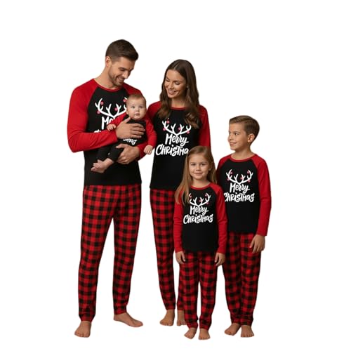 EQWIGKEIT Pijamas De Navidad para La Familia, Conjuntos Navideños Familia, Cuello Redondo Ropa De Dormir Invierno Homewear Casual Cómodo Camisón Estampado Tartan Manga Larga Estampada Loungewear B44