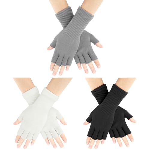 AURUZA 3 Pair Fingerless Gloves for Women Half Finger Gloves Winter Stretchy Knit Fingerless Mittens Unisex (long, Black White Grey)