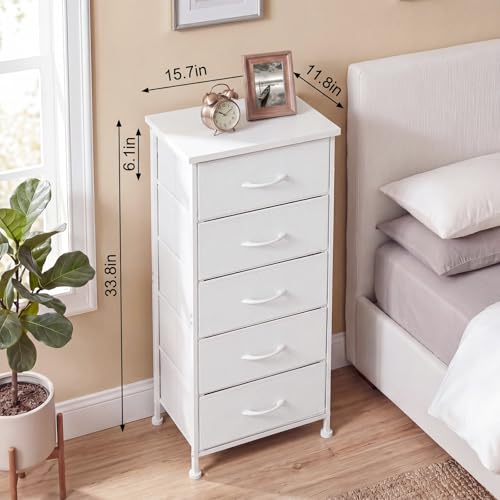 Image of Fixwal White Tall Skinny Dresser for Bedroom, Narrow Storage Dresser Organizer with 5 Fabric Drawers, Nightstand Furniture in Closet, Entryway, Hallway