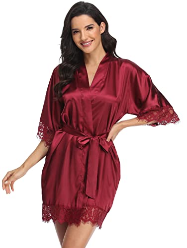 Giova Women's Lace Trim Kimono Robe Nightwear Nightgown Sleepwear Satin Short Robe Red Medium #TOP2