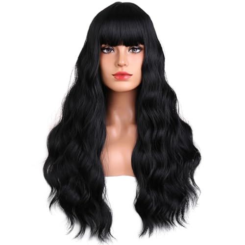 BERON 26 Inches Black Wig Long Curly Black Wig with Bangs for Women Daily Party Hairnet Include