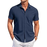 COOFANDY Camisa Manga Corta Hombre Vestir Camisas Verano para Hombre de Playa con Bolsillo Mens Casual Shirts Regular Fit Azul Oscuro M