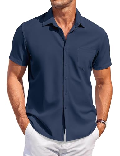 COOFANDY Hemd Herren Kurzarm Business Leinenhemd Freizeithemd Bügelfrei Button Down Hemd mit Taschen Casual Shirts Regular Fit Sommer Hemd Dunkelblau L