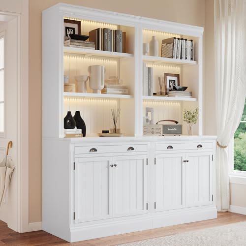 Image of 83.4 inch Tall Bookshelf Suite, Modern Bookcase Suite with 3 Pieces LED Lighting,Doors and Drawers,2-Piece Set Storage Bookcase with Open Shelves for Living Room,Home Office,White