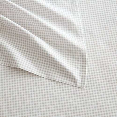Image of Martha Stewart - King Size Sheets Set, Crisp & Tailored Cooling Sheets with a Naturally Smooth Cotton Percale Lightweight Feel - Bed Sheets with Matching Pillowcases & Fitted Sheet (Gingham Beige)