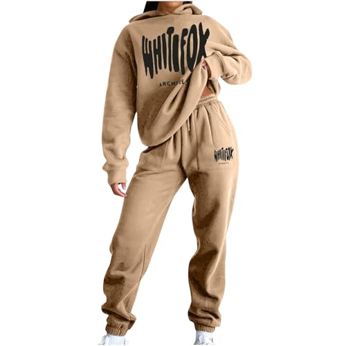 NSICBMNO Khaki Tracksuit Womens Full Set Jogging Suits Hoodie Tracksuit Two Piece Outfit Oversized Sweatshirts Jogging Pants With Pockets Lounge Outfits Casual Co Ord Sets Gym Activewear Streetwear
