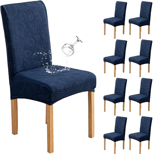Image of Genina Waterproof Dining Chair Cover Set of 8,Kitchen Chair Cover,Navy Blue | Stretch Dining Room Chair Slipcovers with Leaf Jacquard,Removable Kitchen Chair Protector for Home,Restaurant,Banquet
