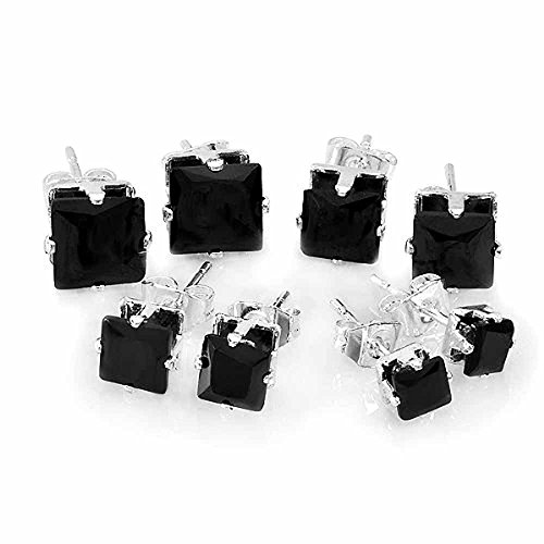 Black Princess Stud Earrings Sets CZ 7MM, 6MM, 5MM & 4MM Cubic Zirconia Brass Unisex Pushback Post