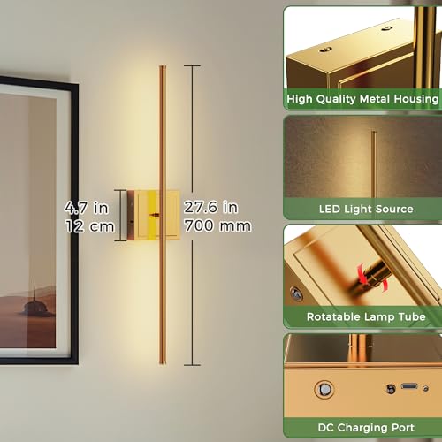 Image of DORESshop Battery Operated Wall Sconces Set of 2, Dimmable Battery Wall Sconce with Remote Control, Brass 350Rotate Rechargeable Sconces, 28.1 Inch Wireless Wall Lights for Bedroom, Living Room