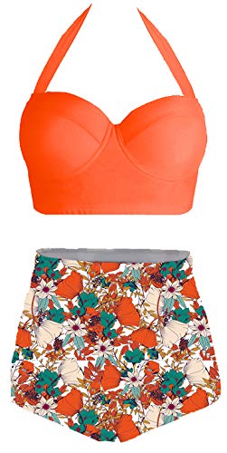 Amourri Damen-Badeanzug, Vintage-Stil, mit Bügel, hohe Taille - Orange - XX-Large Cover
