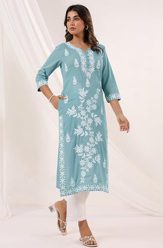 Image of Janasya Women's Pure Cotton Embroidered Straight Kurta