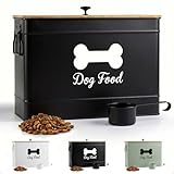Dog Food Container Airtight 15-20 lb (70 Cup) Capacity with Metal Scoop - Cute Airtight Dog Food Storage Container with Bamboo Lid - Black Metal Kibble Storage Bin for Dogs up to 100 lbs - Big Pet Jar