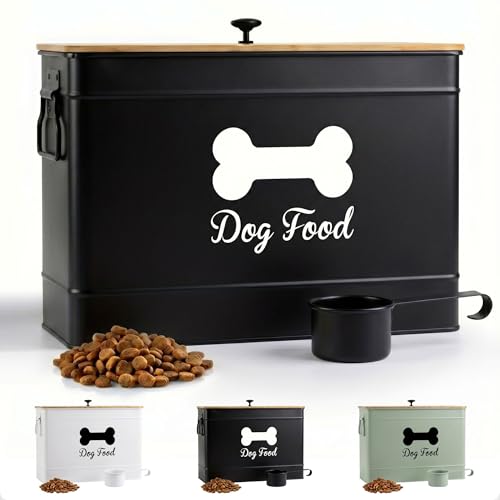Dog Food Container Airtight 15 lb (50 Cup) Capacity with Metal Scoop - Cute Airtight Dog Food Storage Container with Bamboo Lid - Black Metal Kibble Storage Bin for Dogs up to 100 lbs - Big Pet Jar