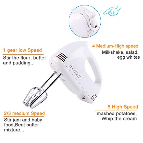 WEPSEN 5-Speed Electric Hand Mixer, 4 Large Mixing Bowls Set, Handheld Mixers with Whisks Beater, Stainless Steel Metal Nesting Bowl Measuring Cups Spoons Kitchen Cake Blender for Baking Supplies - Image 4