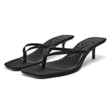 Proptmina Women's Miami Kitten Heels Sandals Square Open Toe Thong Sandal Flip Flop Heels +Memory Foam Heeled Sandals for Women (Fabric Black,8)