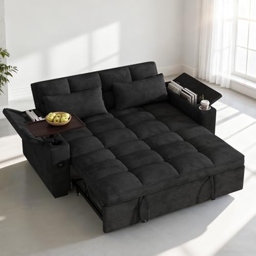 Dreamzie 65'' 3 in 1 Convertible Sleeper Sofa Bed, Chenille Pull Out Couch for Living Room with 90° Swivel Side Table, Loveseat Sleeper with Charging Port | Side Pocket | Cup Holders, Black