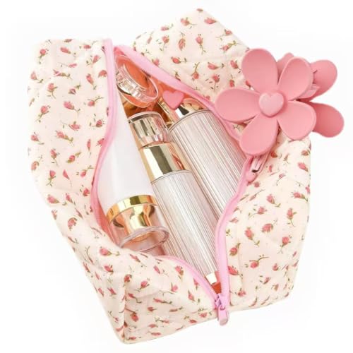 Image of Floral Makeup Bag, Floral Quilted Makeup Bag, Cosmetic Bag, Fashionable Travel Makeup Pouch, Small Cute Makeup Bag, Puffy Coquette Makeup Bag, Quilted Makeup Bag, Flowers (Width:11.9 Cm)