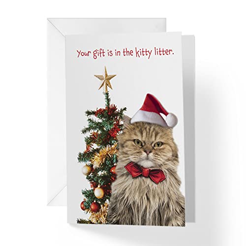 1Up Greetings Christmas Cat Card,Merry Christmas Card From Santa Claws Grumpy Cat,Your Purchase Helps Animals In Need,5”x7.5”,Single Card with Envelope,Made in USA,Female Owned Small Business