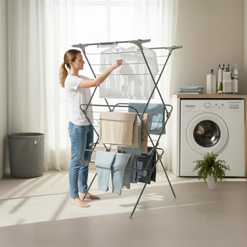 Casabella Clothes Airer - 3-Tier Clothes Airer, 15m Drying Space Foldable Drying Rack with Non-Slip Feet, Heavy-Duty Space Saving Drying Rack for Indoor & Outdoor Use, 62x55x138cm