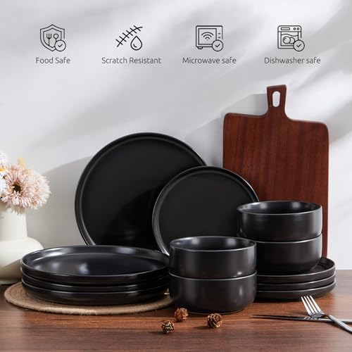 E-far Stoneware Dinnerware Sets for 4, 12-Piece Plates and Bowls Set, Modern Ceramic Dishes Dinning Ware, Microwave & Dishwasher Safe - Matte Black by E-far - Image 8