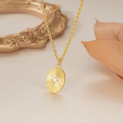 14K Gold Necklaces for Women Gold Pendant Necklace for Women with Cubic Zirconia Radiating Fan Texture Dainty Oval Necklace for Womens 5