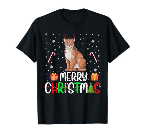 Merry Christmas Lights Cougar Reindeer Hat Xmas PJs T-Shirt