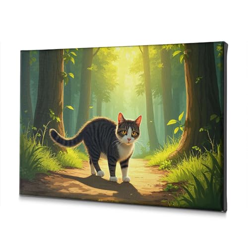 Tableau chat rayé en forêt décor murale toile 40x60cm rustique