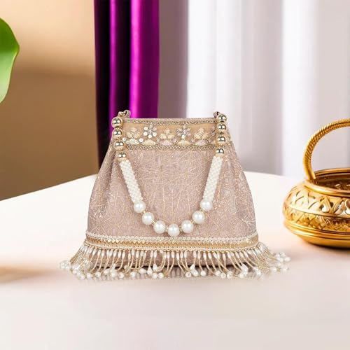 Image of Nevis PU Silk Fabric Women's Embellished Potli Bag with Pearl Handle & Fringe Detailing | Designe Wedding & Festive Handbag