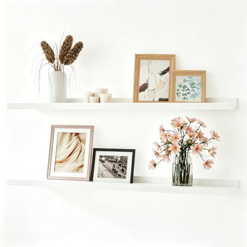 Image of White Floating Shelves for Wall Decor, 32 in Shelf with Lip Set of 2 | 4.5 inch Deep Display Picture Ledge Shelf, Long Wall Mounted Storage Shelves for Bedroom, Bathroom, Living Room, Kitchen, Nursery