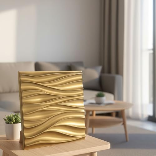 Image of Kayra Decor 3D PVC Wall Panels Wave Design - Golden Color | 19.7 inch x 19.7 inch (Pack of 40) - Covers 107.60 Sq. Ft | Premium Home & Office Wall Decoration