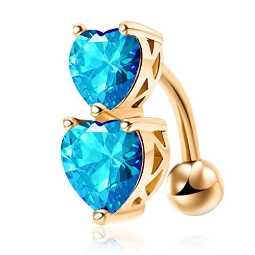 Wycian - Anillo para ombligo, acero quirúrgico, para ombligo, para joyas de dos corazones, circonio, con hebilla para ombligo, Cristal, Cubic Zirconia