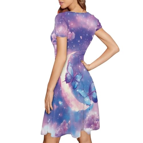 Image of HUGS IDEA Womens Puffy Swing Midi Dress Round Neck Short Sleeve Party A-Line Dresses