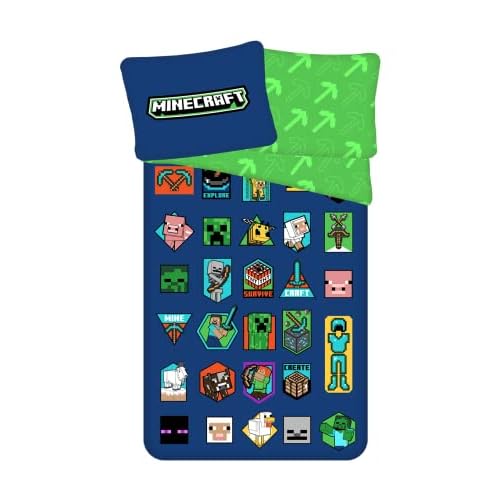Ropa de cama infantil con diseño de Minecraft, diseño de minecraft, cerdo, oveja, TNT, Bie, verde azulado, funda de edredón de 140 x 200 cm, funda de almohada de 70 x 90 cm, 100% algodón