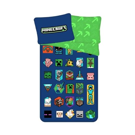 Ropa de cama infantil con diseño de Minecraft, diseño de minecraft, cerdo, oveja, TNT, Bie, verde azulado, funda de edredón de 140 x 200 cm, funda de almohada de 70 x 90 cm, 100% algodón