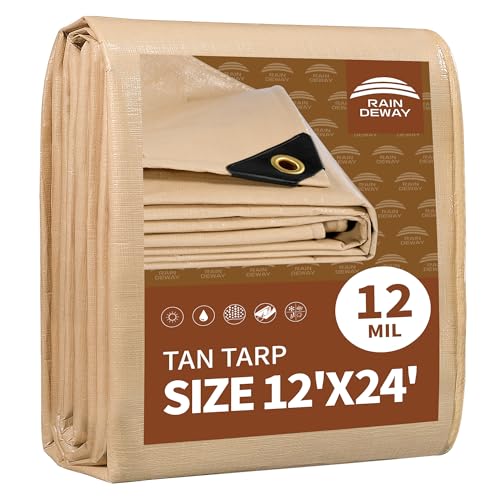 RAINDEWAY 12' X 24' Heavy Duty Tan Poly Tarp Multipurpose Waterproof Cover