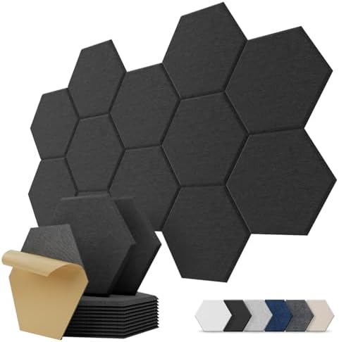 Kuchoow Decorative Hexagonal Acoustic Panels Self-Adhesive, 12 Pieces Acoustic Wall Plates and Eco Sound Reduction for Studio, Gamer, Door and Ceiling, 30 x 26 x 1 cm, Black